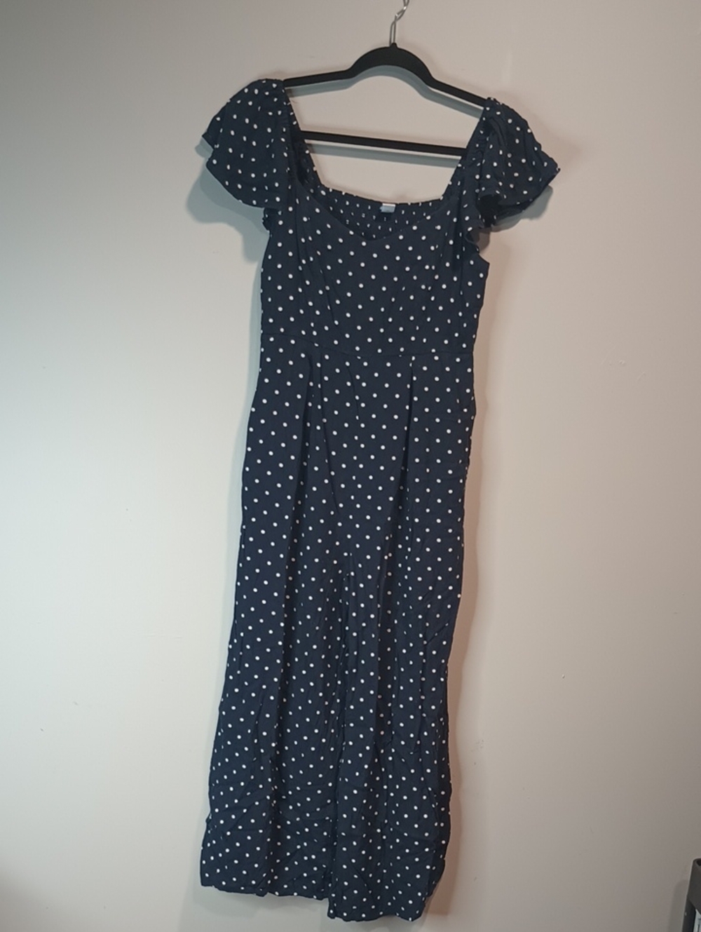 Navy Blue Polka Dot Puff Sleeve Maxi Romper With POCKETS